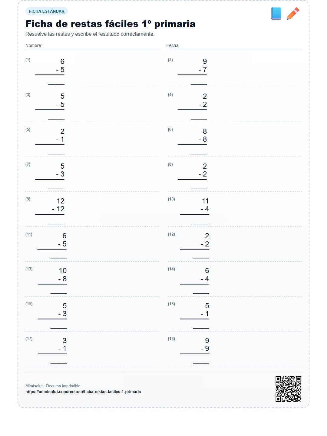 Ficha de restas fáciles 1º primaria