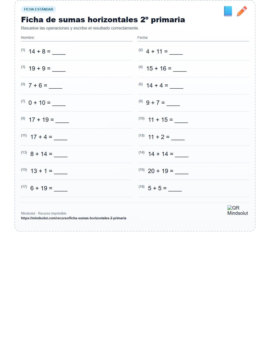 Ficha de sumas horizontales 2º primaria