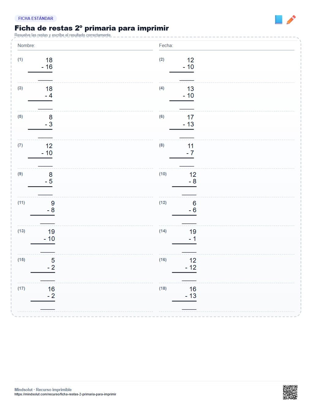 Ficha de restas 2º primaria para imprimir