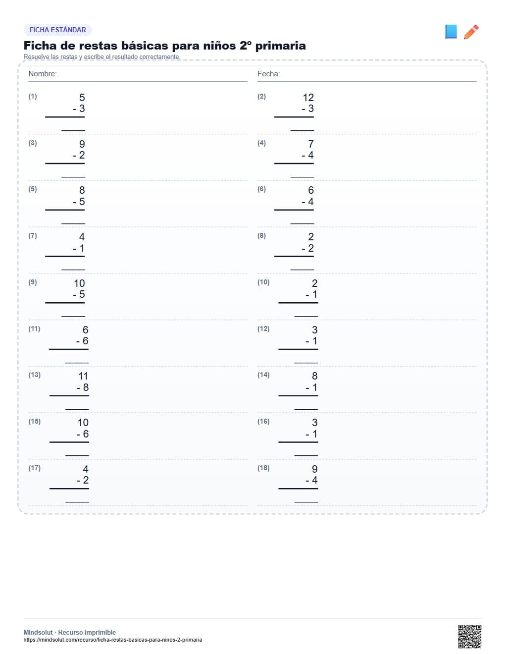 Ficha de restas básicas para niños 2º primaria