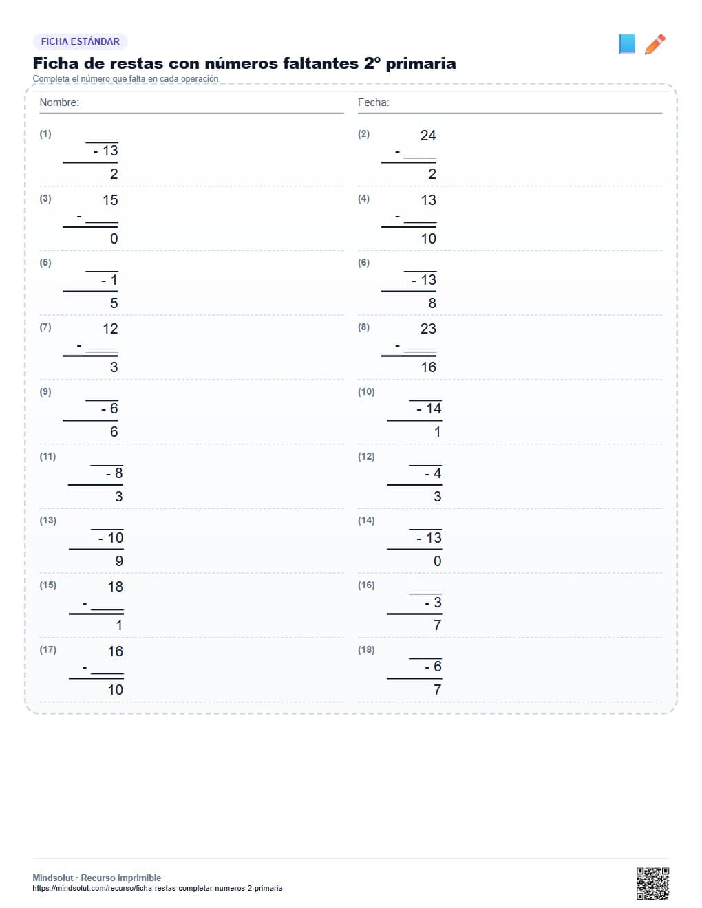 Ficha de restas con números faltantes 2º primaria