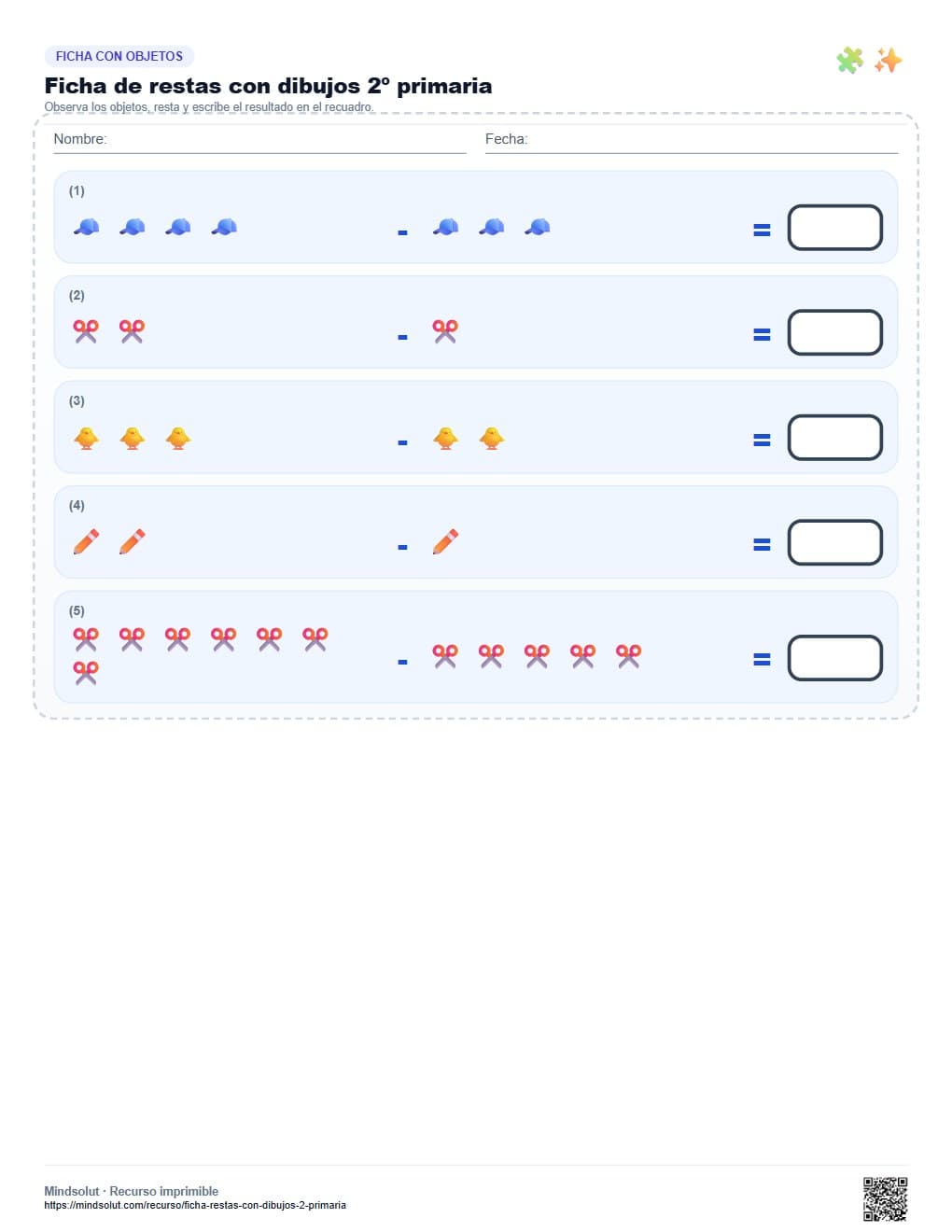 Ficha de restas con dibujos 2º primaria