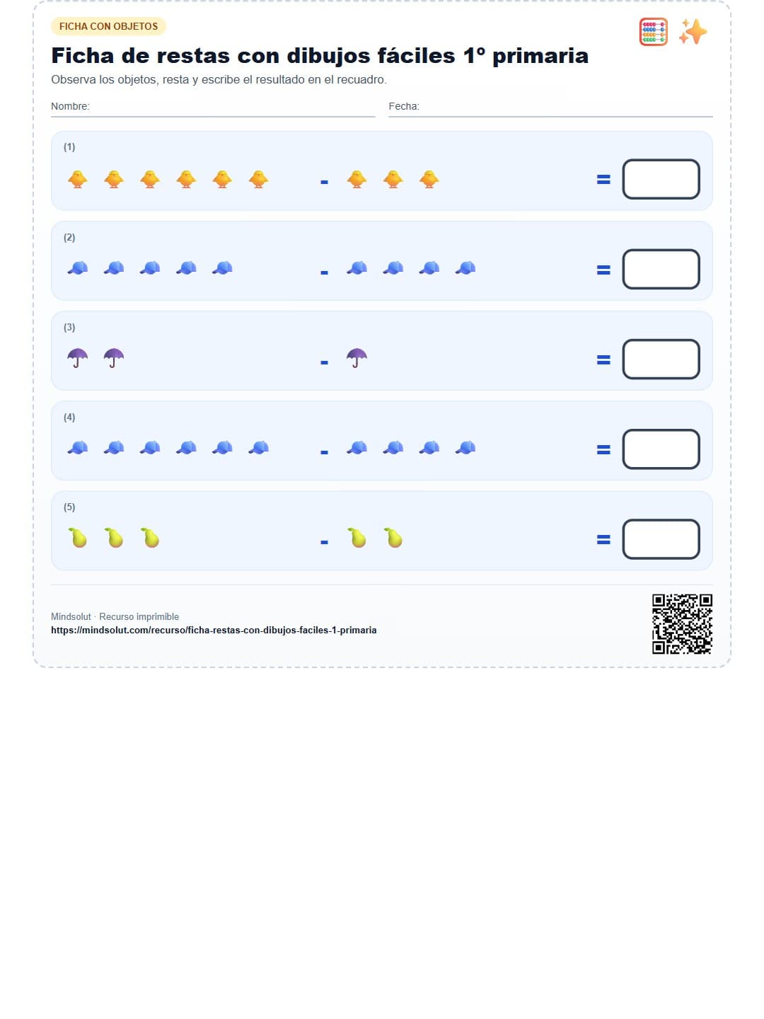 Ficha de restas con dibujos fáciles 1º primaria