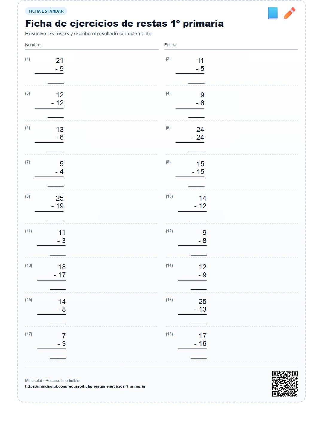 Ficha de ejercicios de restas 1º primaria