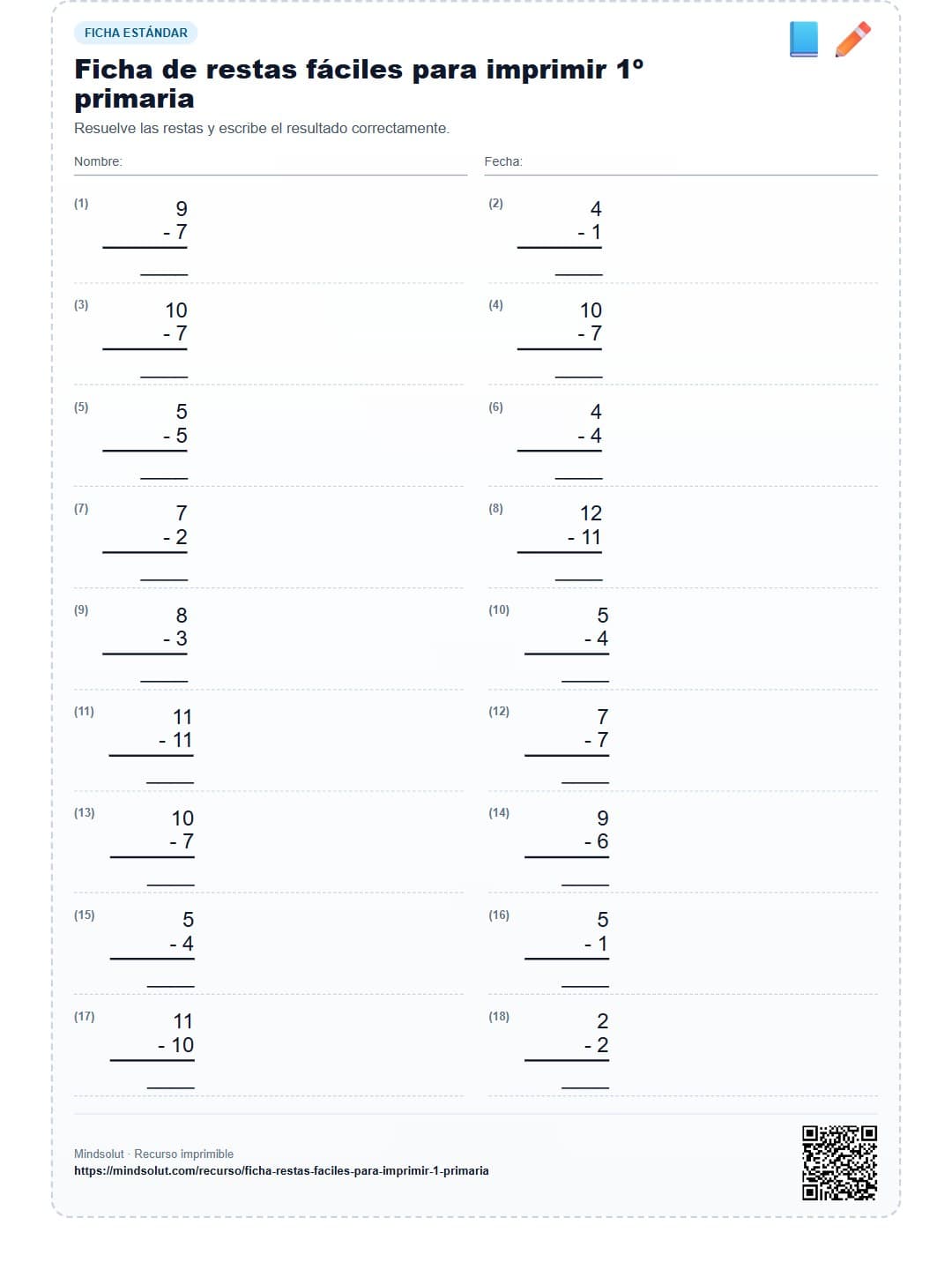 Ficha de restas fáciles para imprimir 1º primaria