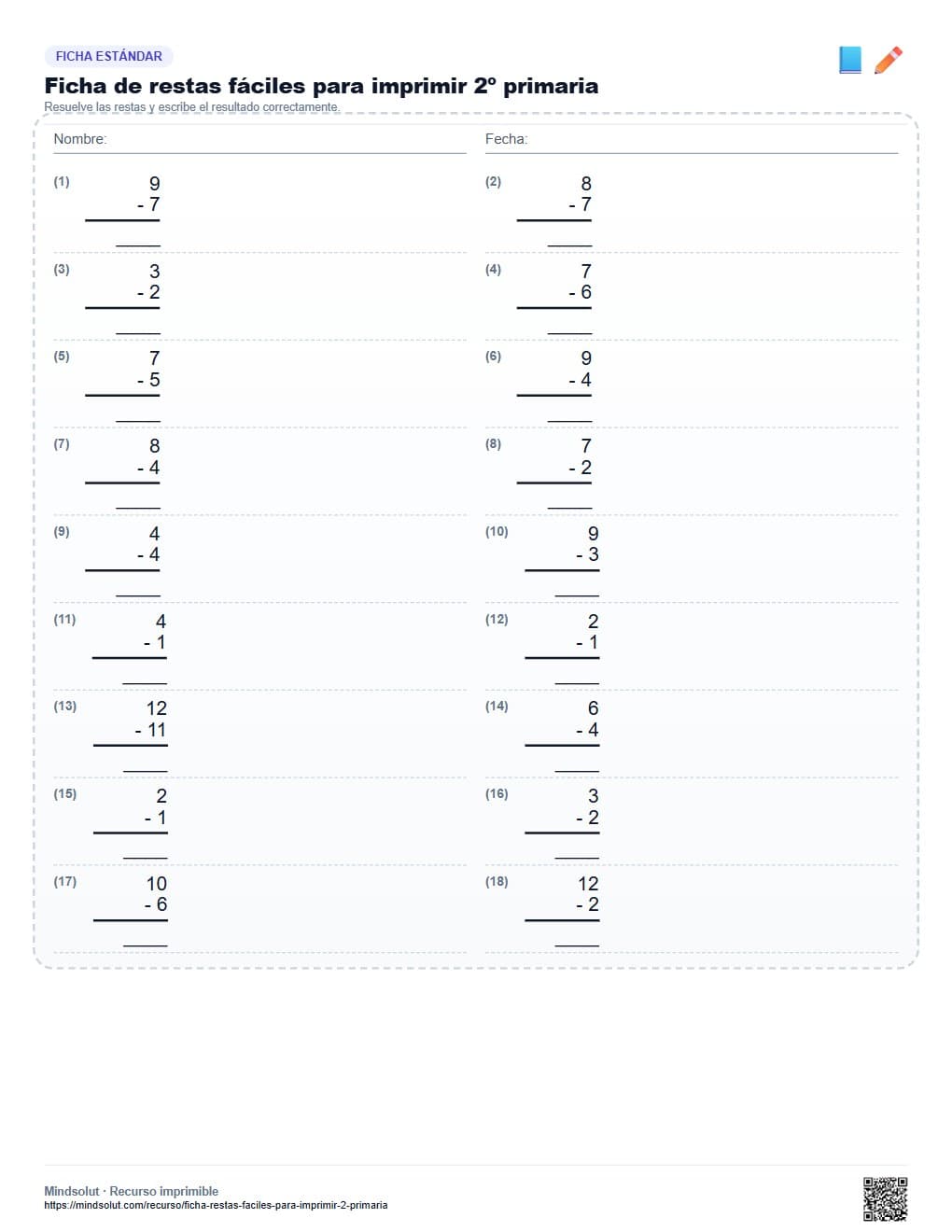 Ficha de restas fáciles para imprimir 2º primaria