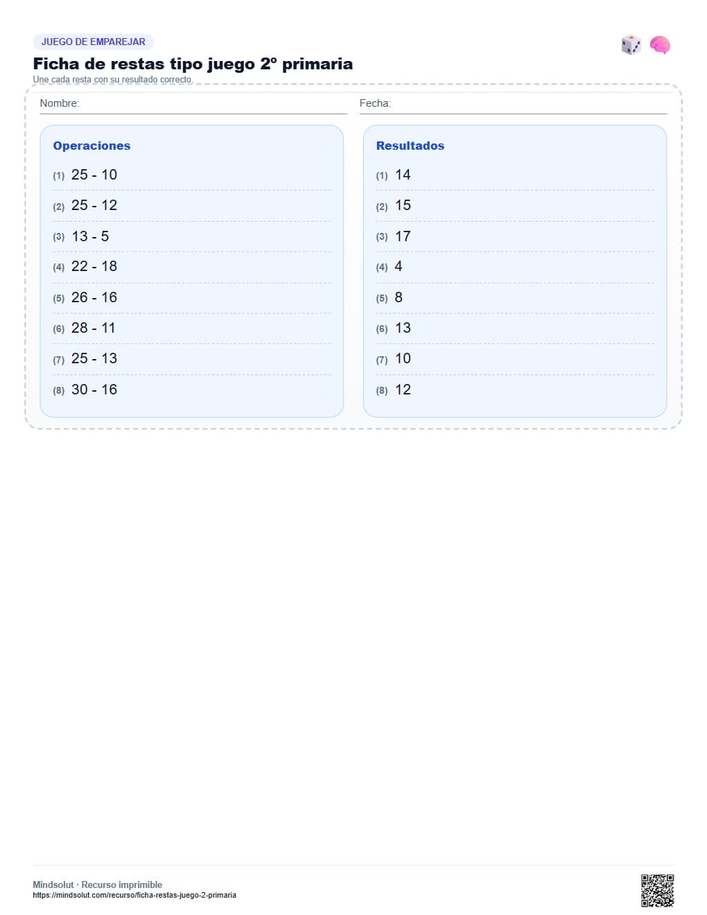 Ficha de restas tipo juego 2º primaria
