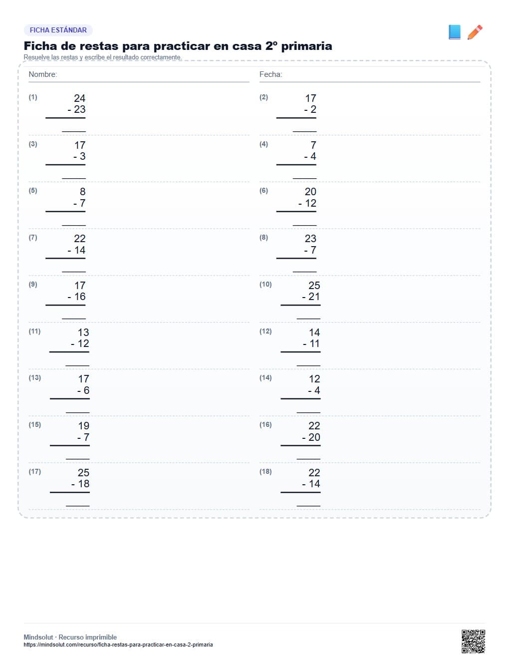 Ficha de restas para practicar en casa 2º primaria