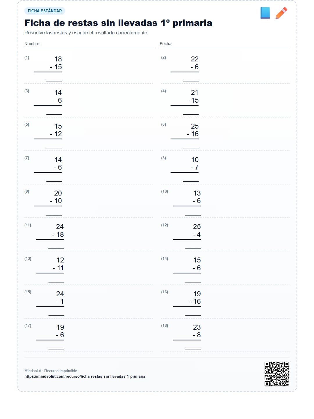 Ficha de restas sin llevadas 1º primaria