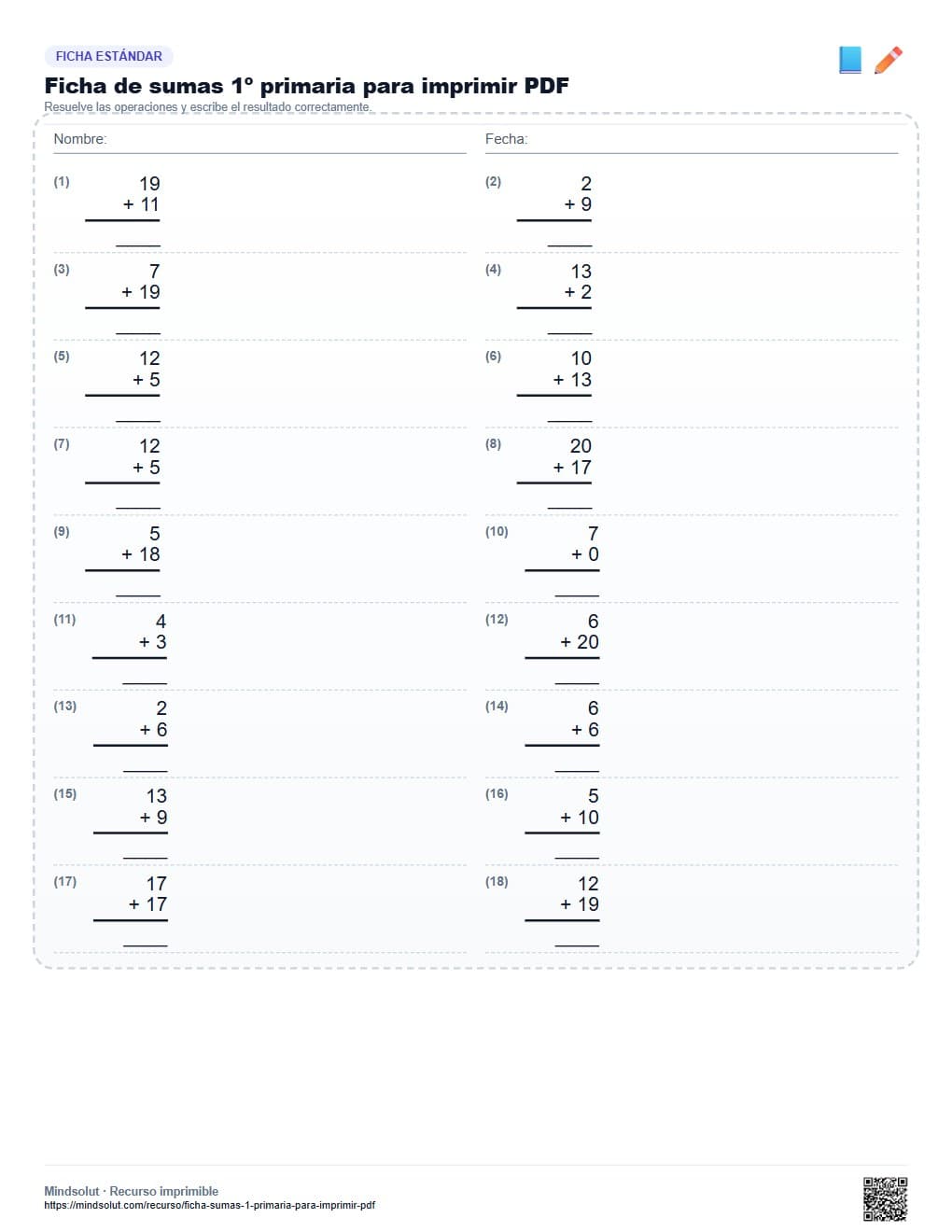 Ficha de sumas 1º primaria para imprimir PDF