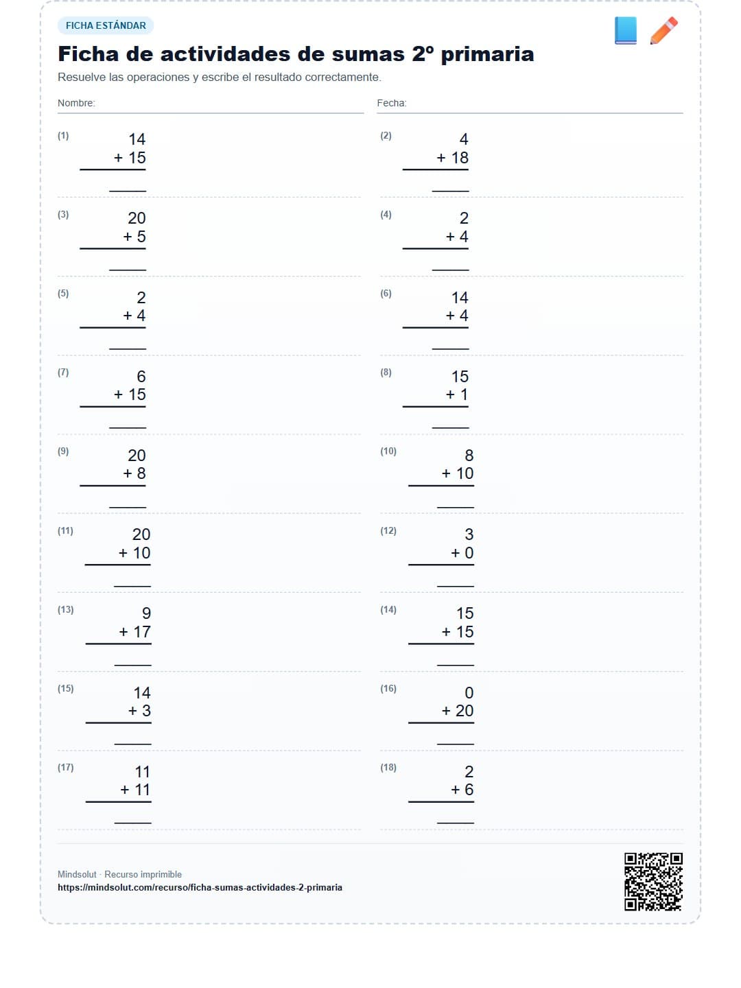Ficha de actividades de sumas 2º primaria