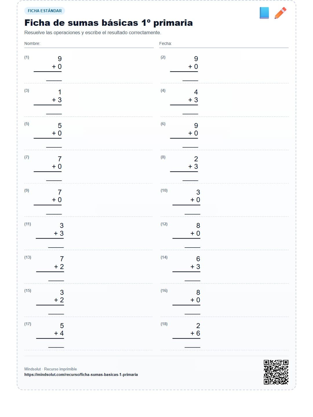 Ficha de sumas básicas 1º primaria