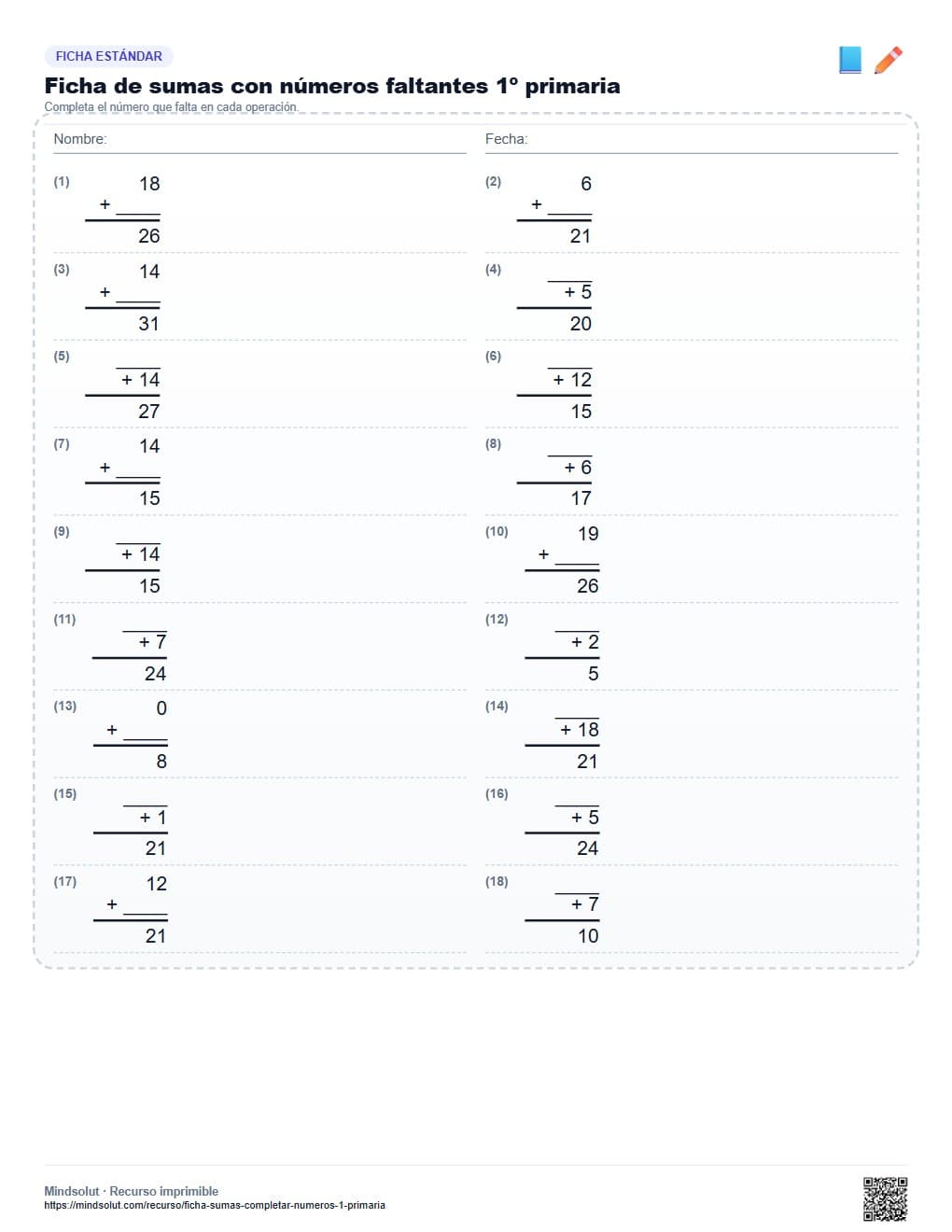 Ficha de sumas con números faltantes 1º primaria