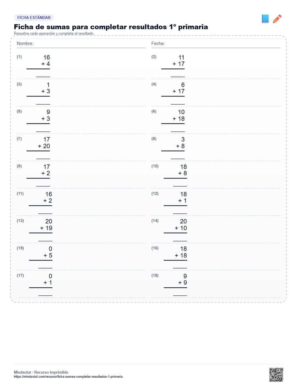 Ficha de sumas para completar resultados 1º primaria