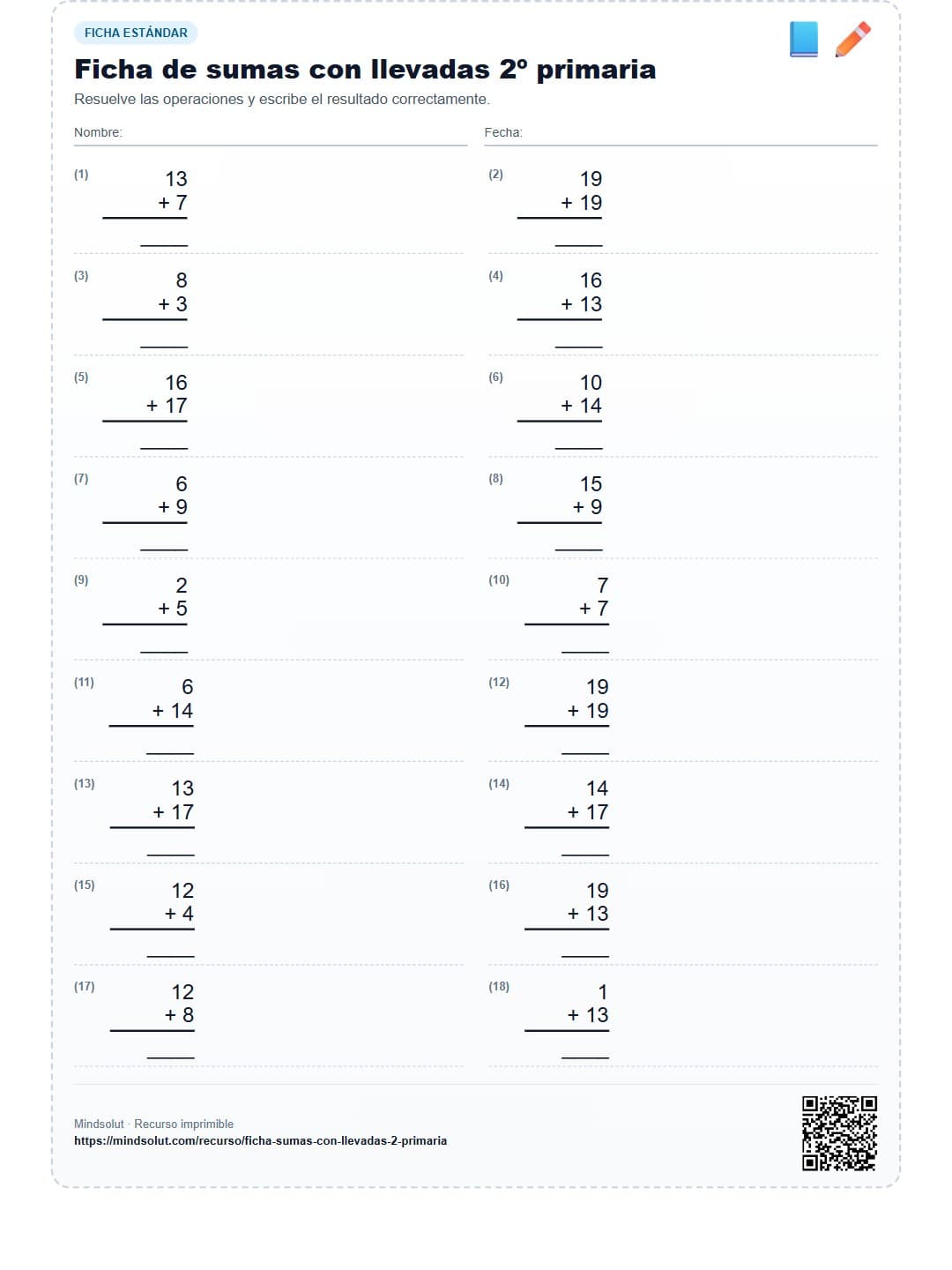 Ficha de sumas con llevadas 2º primaria