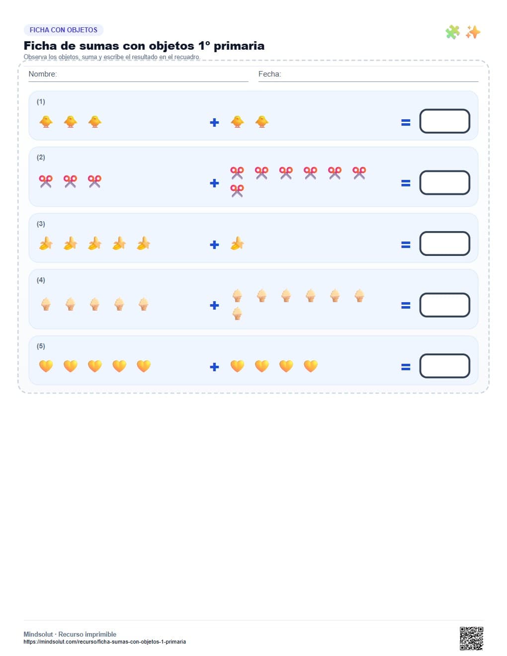 Ficha de sumas con objetos 1º primaria