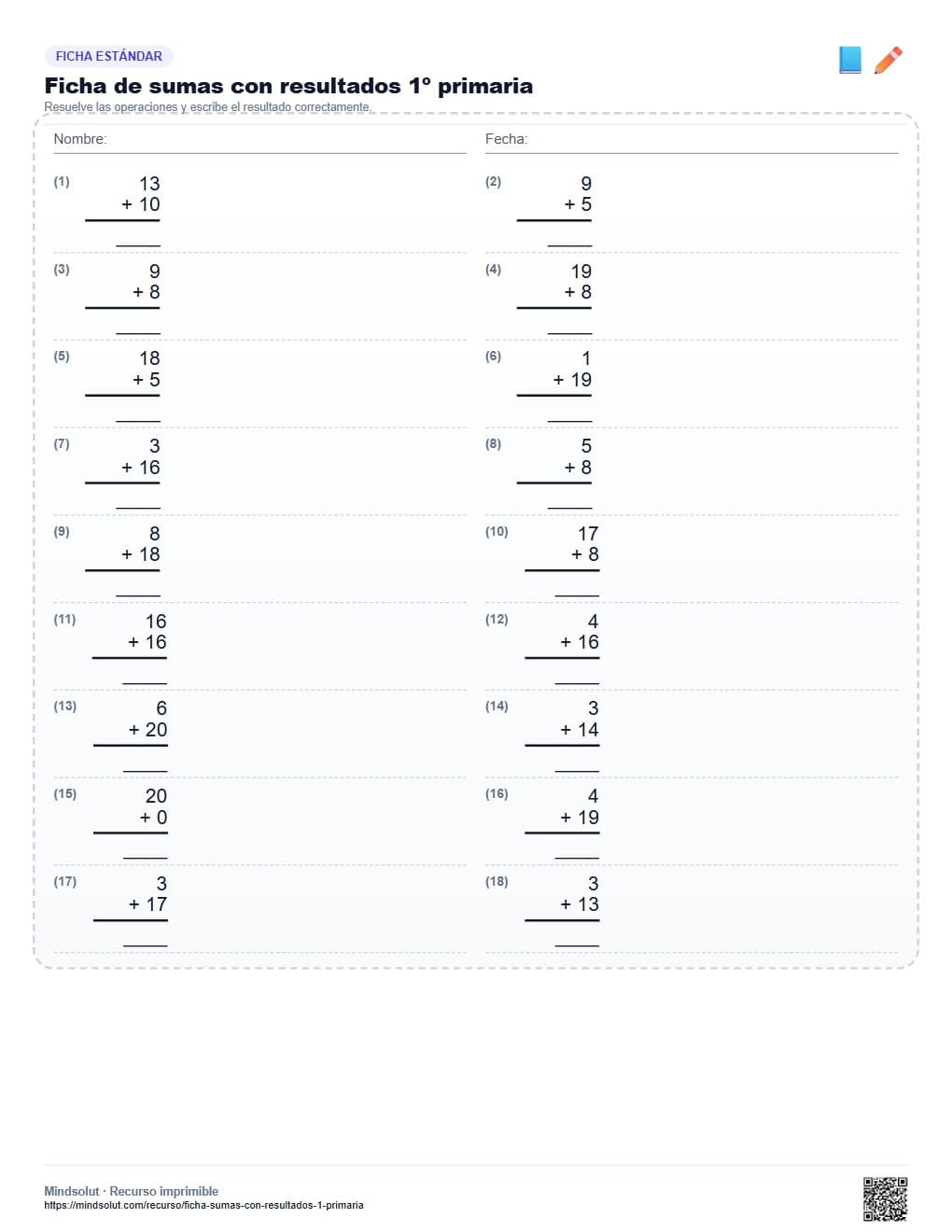 Ficha de sumas con resultados 1º primaria