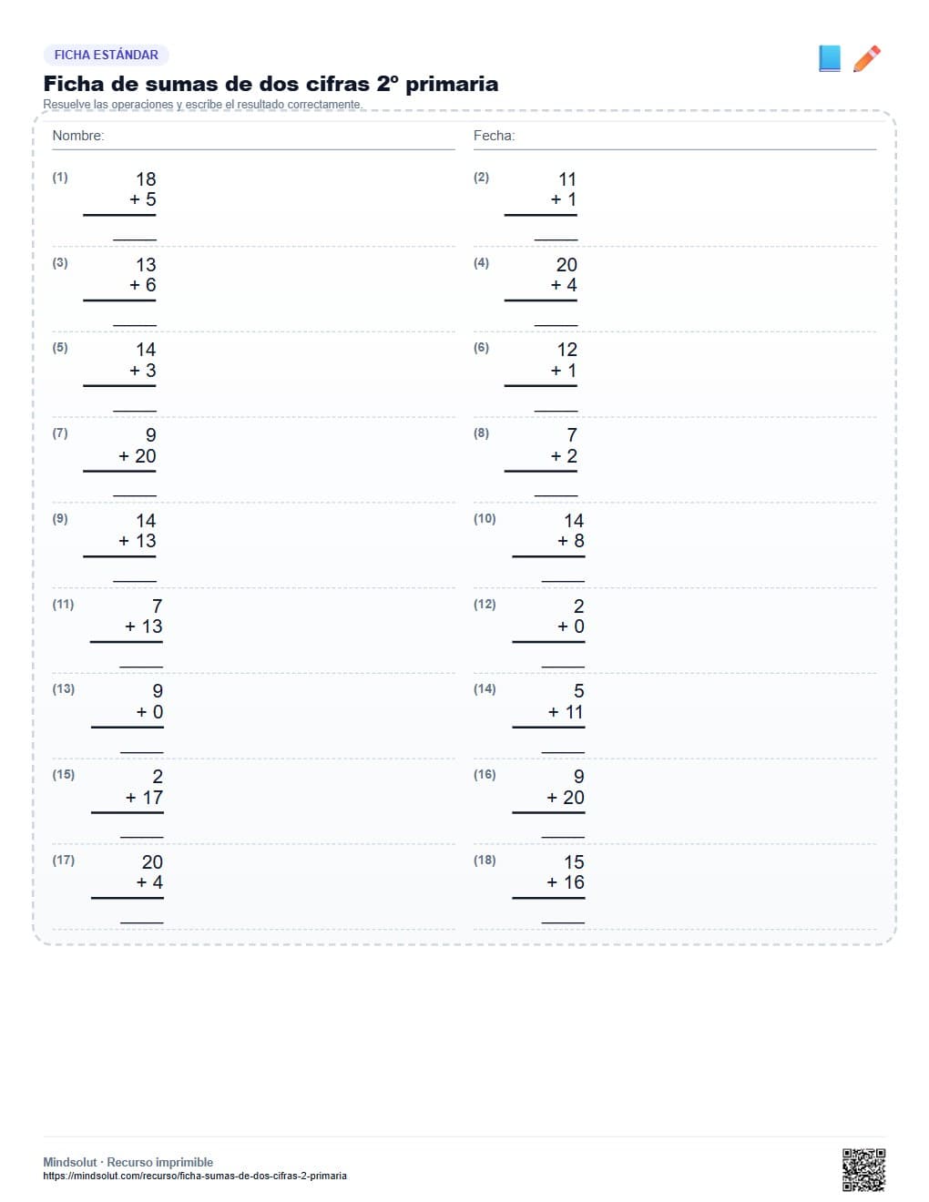 Ficha de sumas de dos cifras 2º primaria