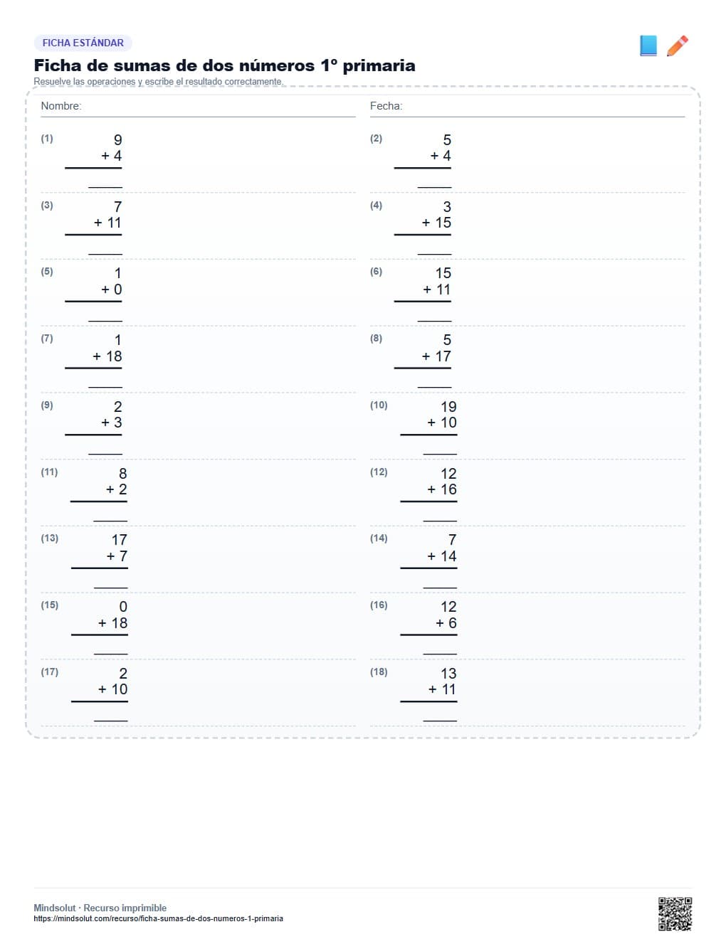 Ficha de sumas de dos números 1º primaria