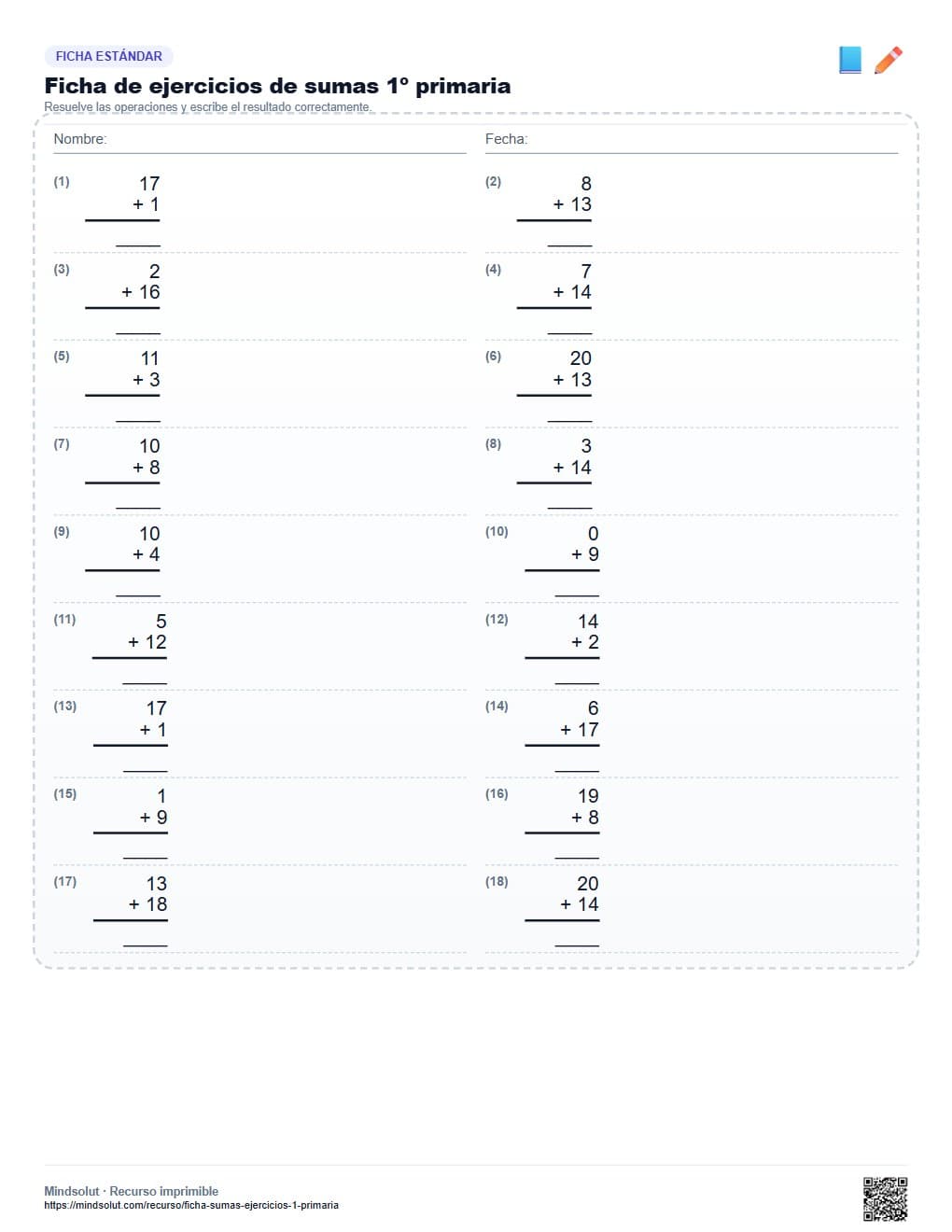 Ficha de ejercicios de sumas 1º primaria
