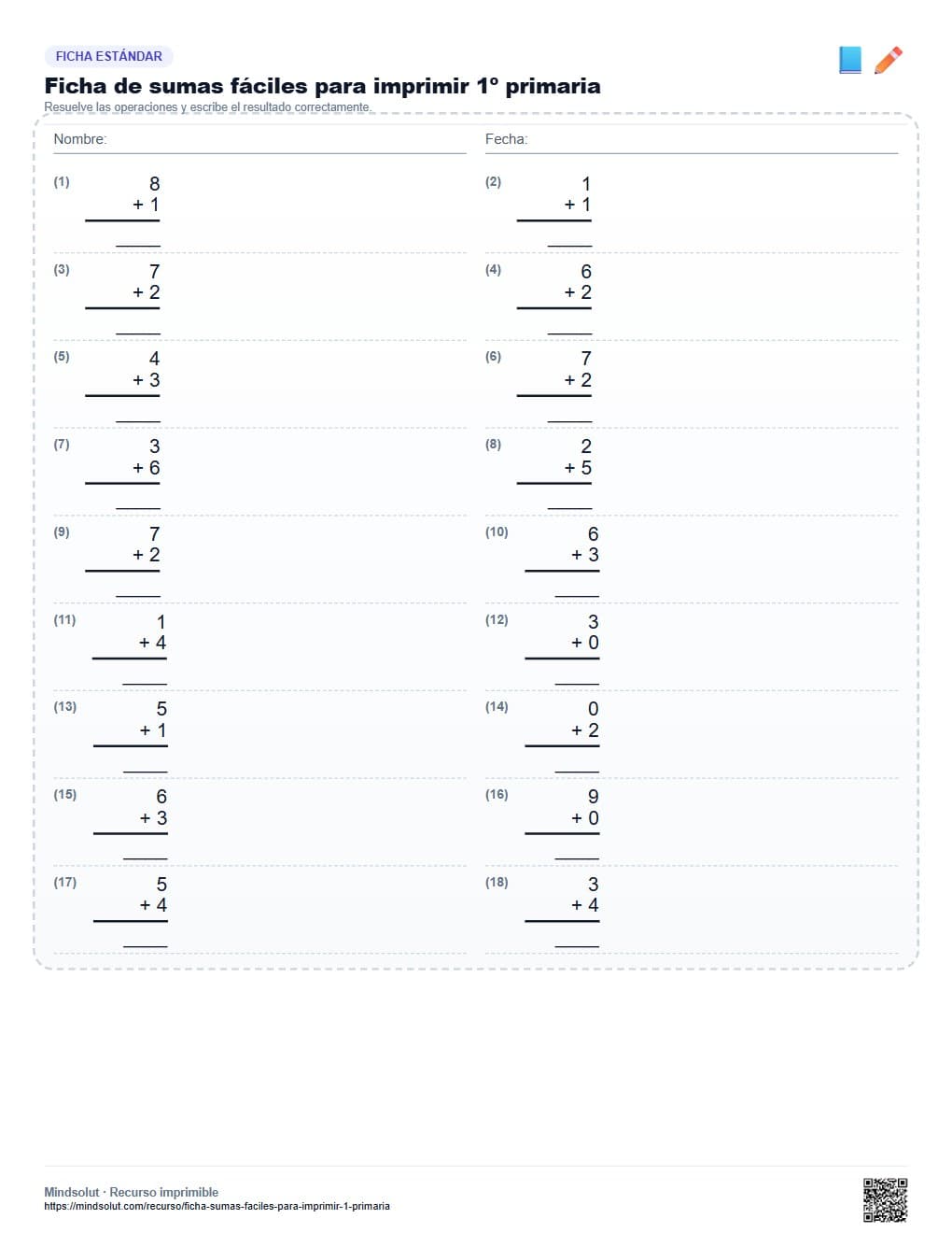 Ficha de sumas fáciles para imprimir 1º primaria