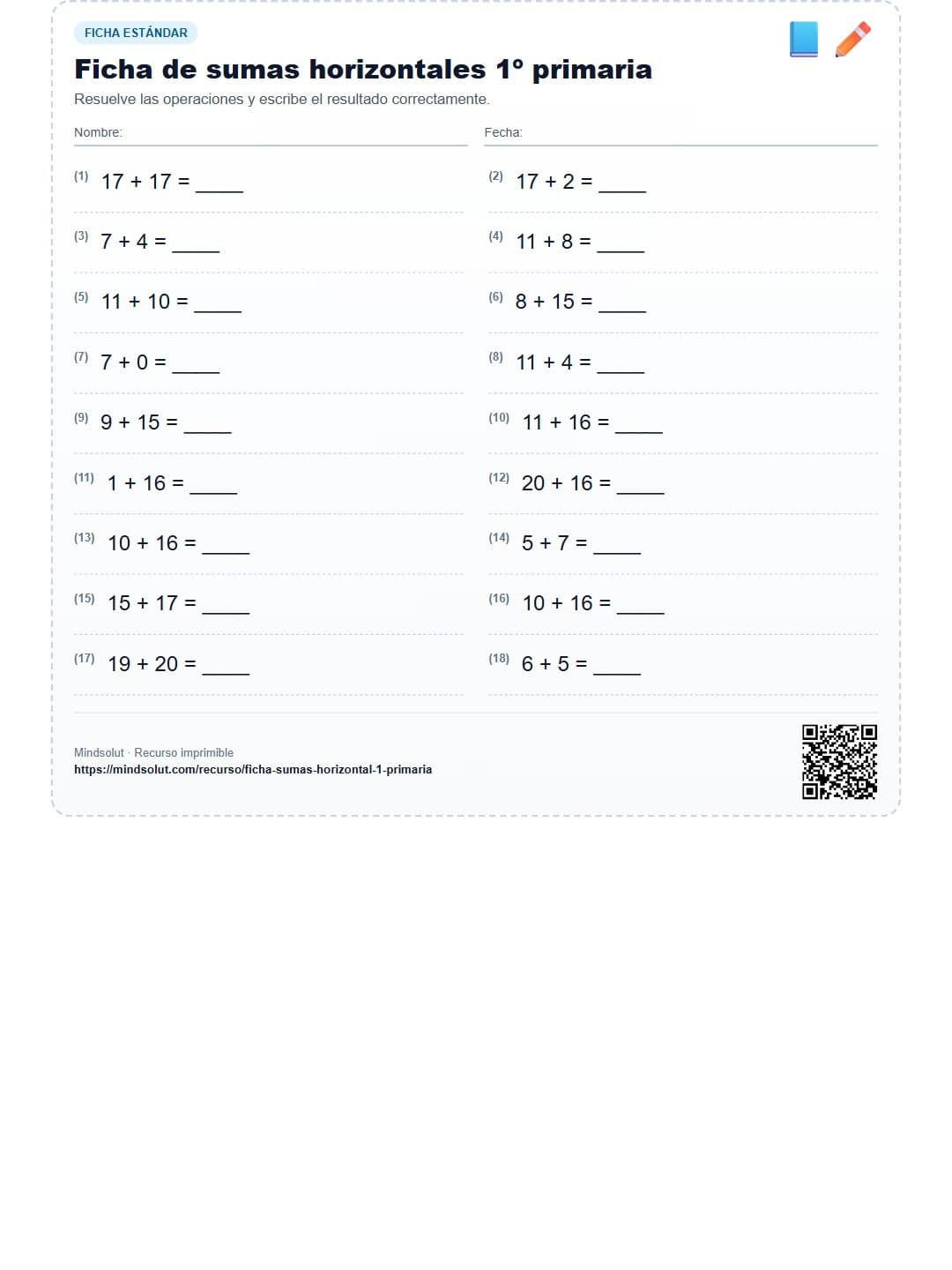 Ficha de sumas horizontales 1º primaria