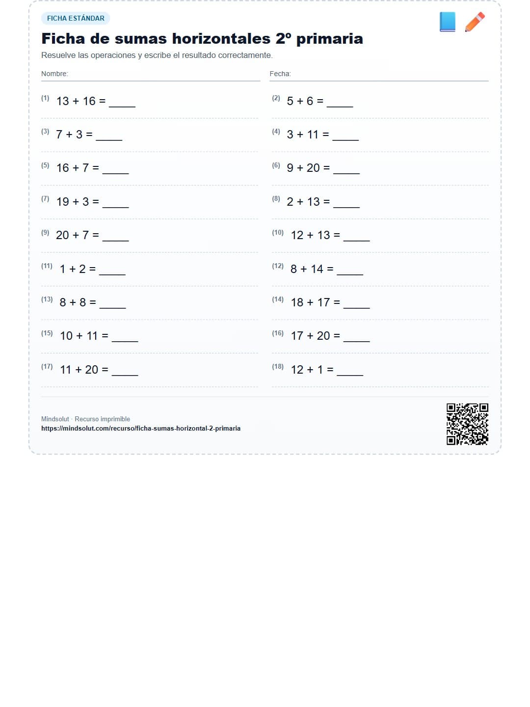 Ficha de sumas horizontales 2º primaria