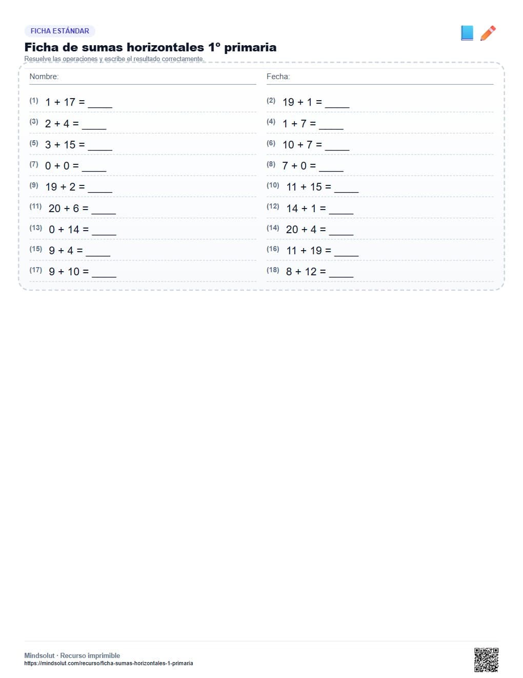 Ficha de sumas horizontales 1º primaria