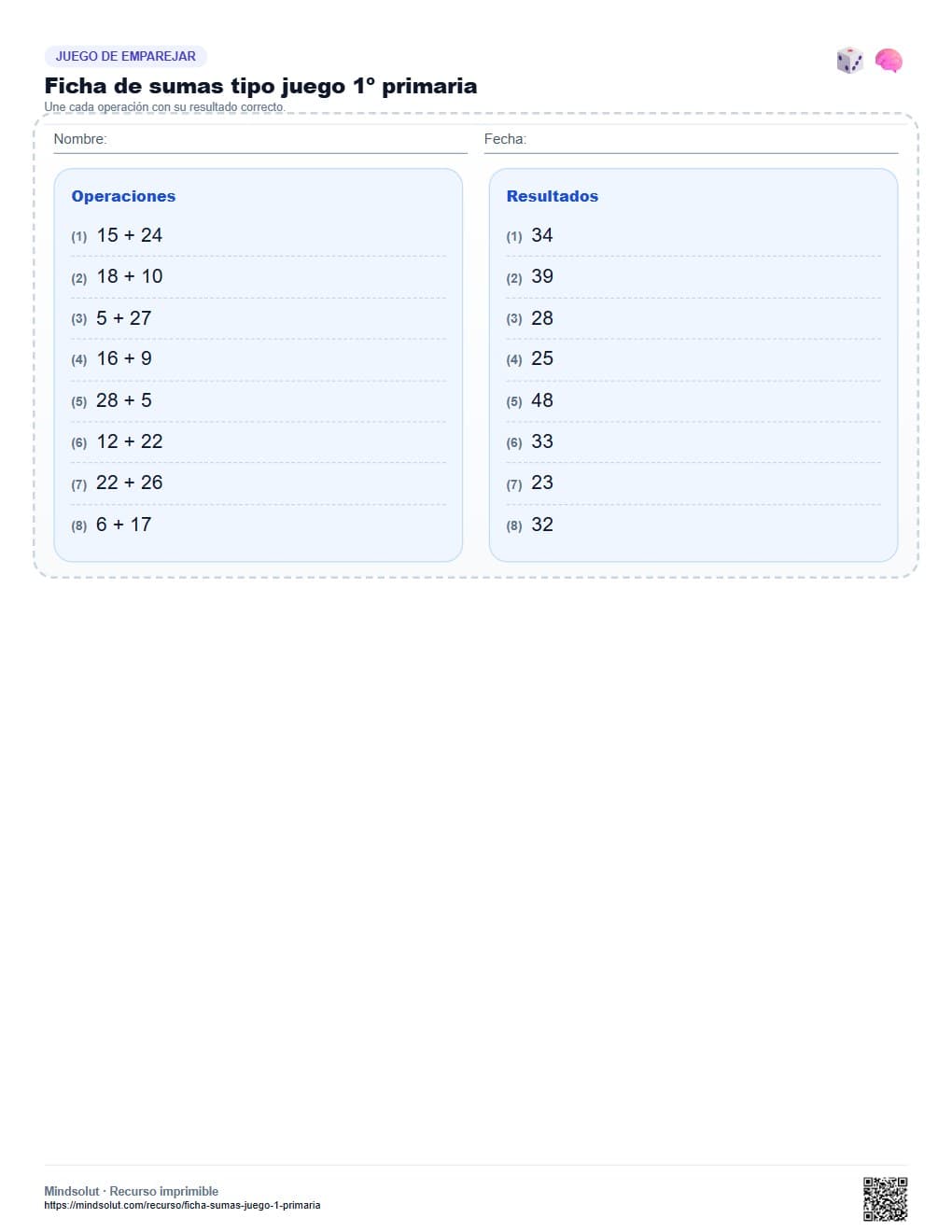 Ficha de sumas tipo juego 1º primaria
