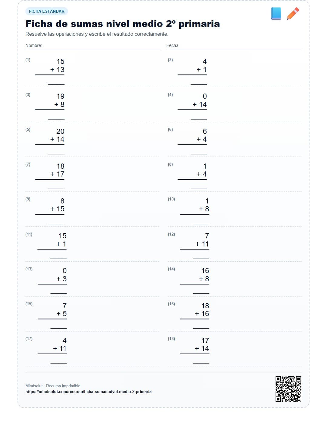 Ficha de sumas nivel medio 2º primaria