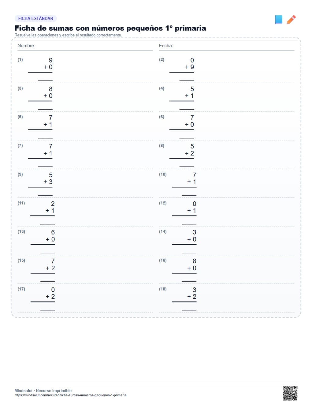 Ficha de sumas con números pequeños 1º primaria