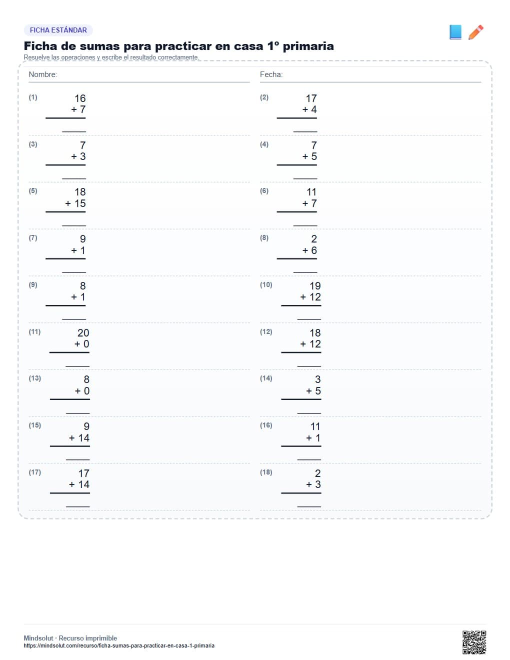 Ficha de sumas para practicar en casa 1º primaria