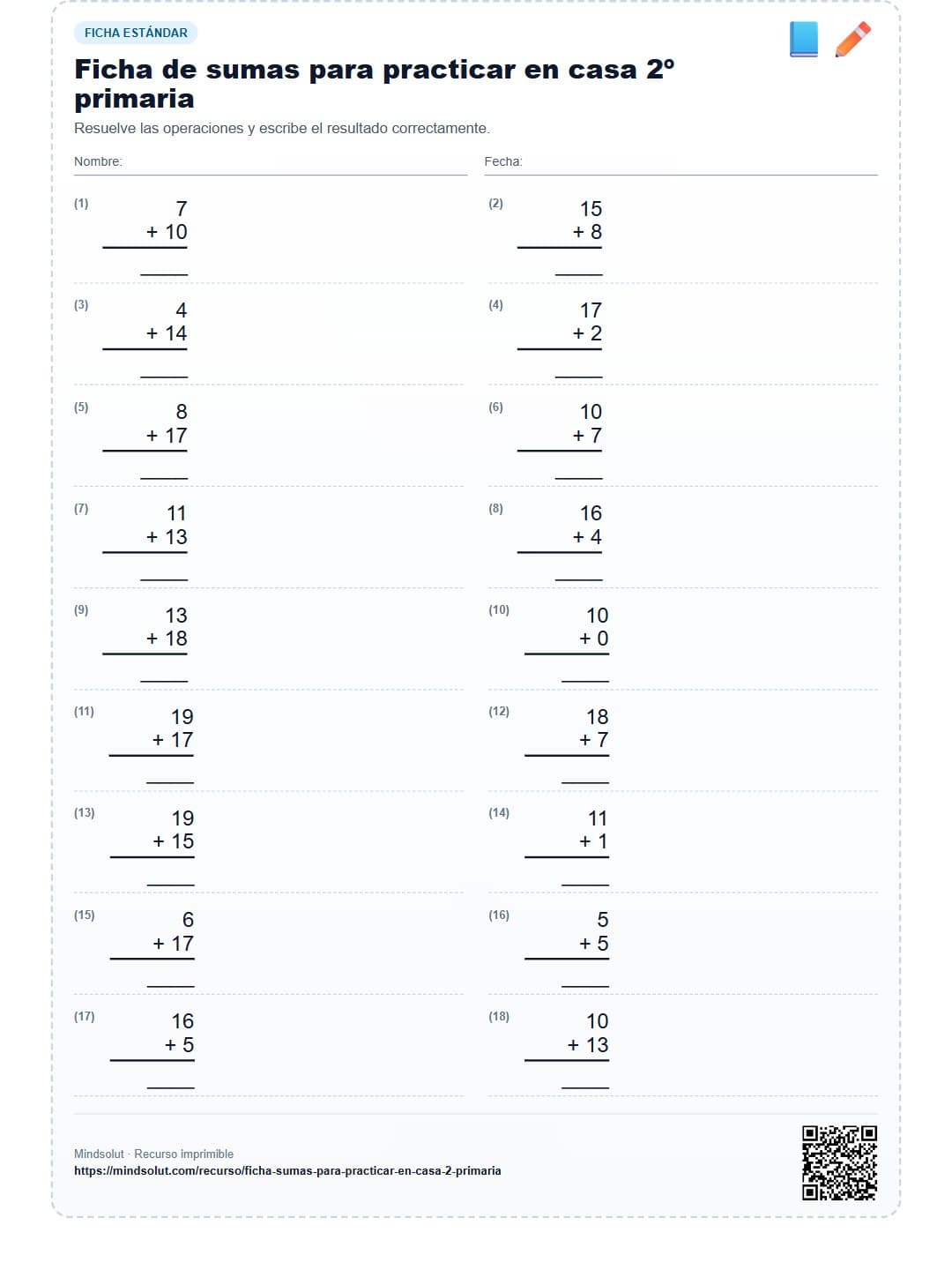 Ficha de sumas para practicar en casa 2º primaria