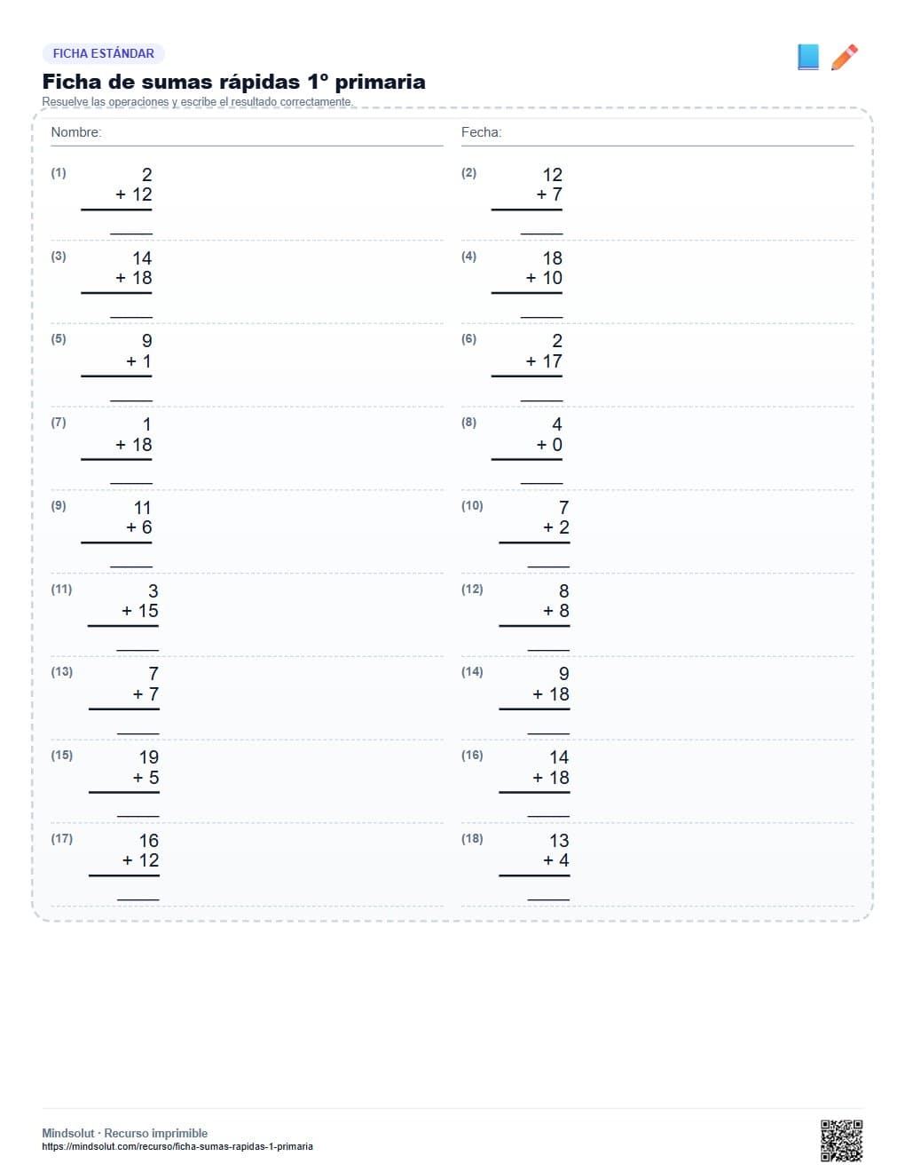 Ficha de sumas rápidas 1º primaria