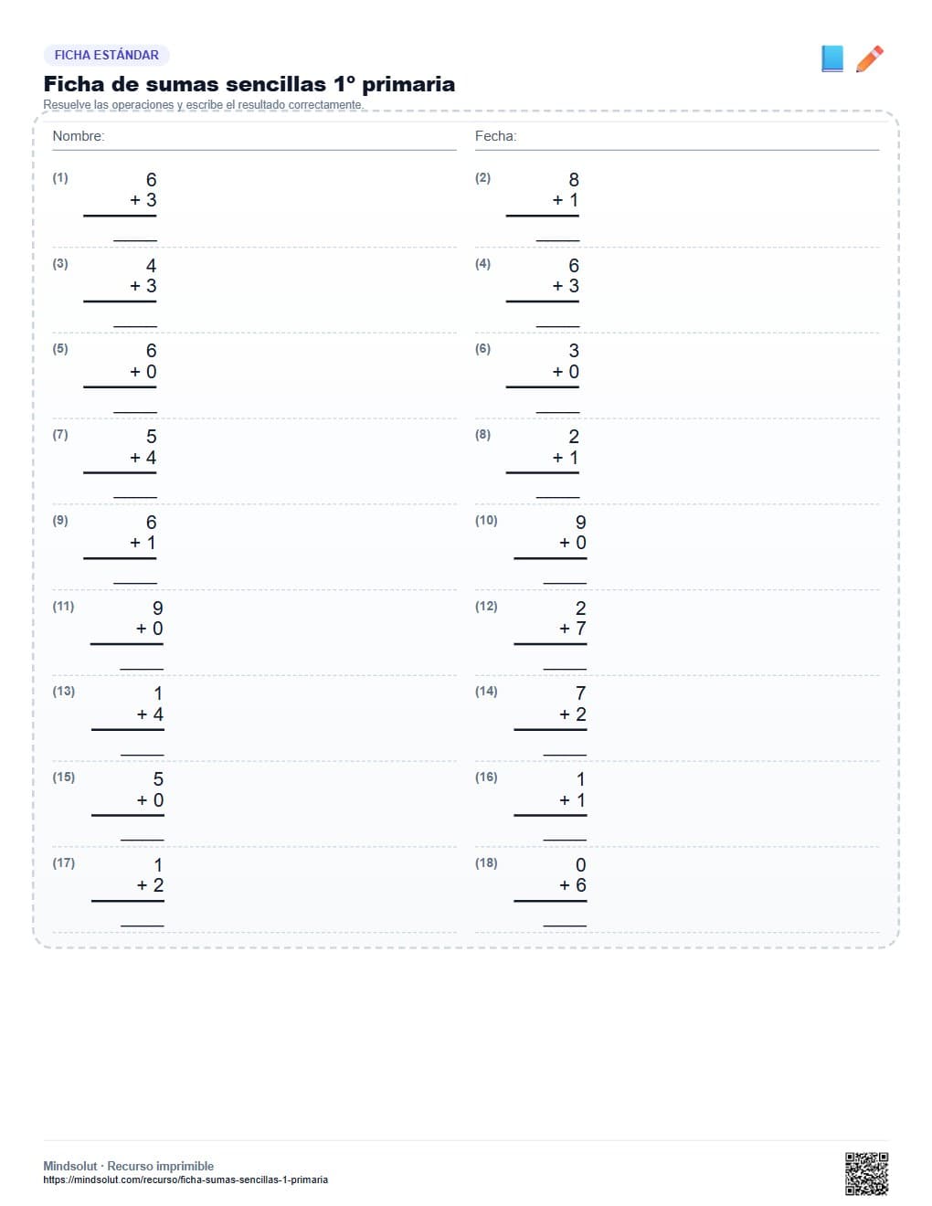 Ficha de sumas sencillas 1º primaria