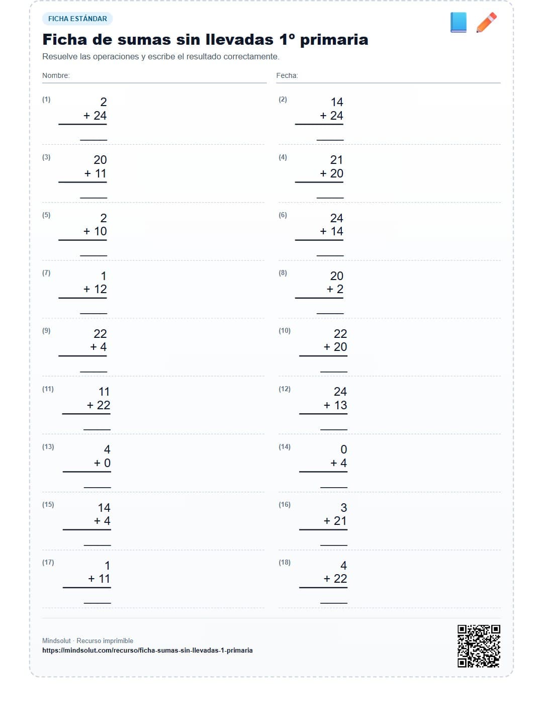 Ficha de sumas sin llevadas 1º primaria